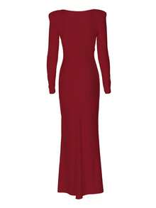 Gaun Maxi Lengan Panjang Berkerut Musim Gugur/Dingin, Rok Lebar Merah Muda Elegan dan Seksi - Merah - View 6