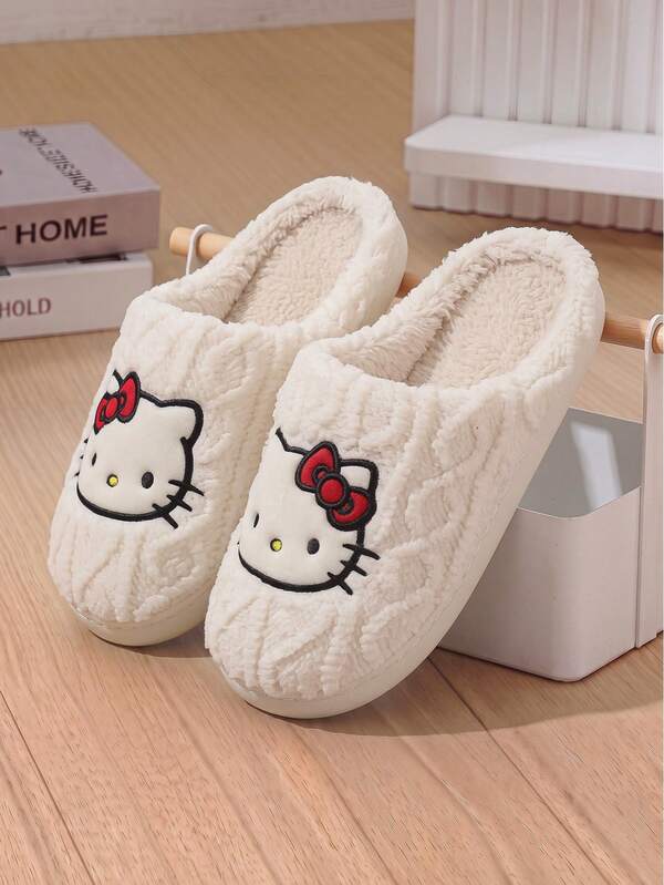 Hello Kitty 헬로키티 여성용 화이트 KT 고양이 겨울 슬리퍼, 홈 카툰 리본 퍼 플랫 슬리퍼