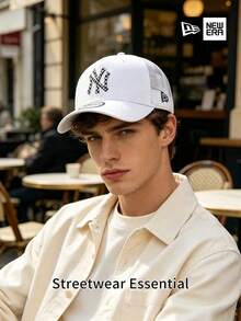 New Era Adjustable NY Logo Baseball Cap, White With Pattern Embroidery, Street Fashion Unisex Headwear - White - View 3