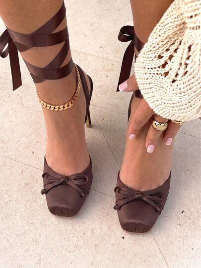 Satin Ballet High Heels For Women Bow Square Toe Lace Up Ballerina Stiletto Heels Elegant Mary Janes Heels Wedding Party Dressy Outdoor Summer Shoes