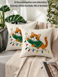 shangxia 2PCS--Christmas Colorful Lights Orange Kitten Pattern Printed Pillowcase, Winter Living Room Sofa Cushion, (No Pillow Insert)--(No Pillow Insert)---(Multiple Sizes)---(No Embroidery)---(Single-Sided Print) - Multicolor - View 10