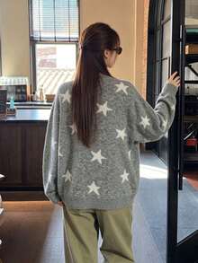 Grey Star Pattern Lapel Collar Sweater Cardigan Women's New Winter Thickened Loose Casual Knit Top - Grey - View 3