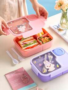 Large Capacity Cartoon Lunch Box, Bento Box With Fork And Spoon, Multiple Colors Available, Portable Lunch Box, Lunch Bag, Back To School Essential, Suitable For Office, Outdoor Travel, Back To School Season, School And Other Occasions. - Multicolor - View 4