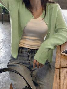 1pc Solid Color Knitted Fabric Front Button Cardigan, Thin Style, Suitable For Spring, Summer, Autumn, Winter, All Seasons - Mint Green - View 2