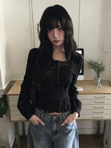 Women's French Lace Pleated Long Sleeve Blouse - Black - View 3