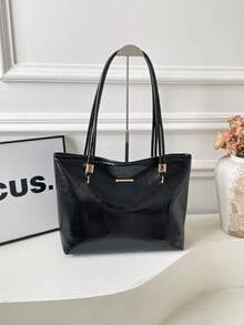 1pc Black Solid Color PU Large Capacity Tote Bag Women's Shoulder Bag - Black - View 3