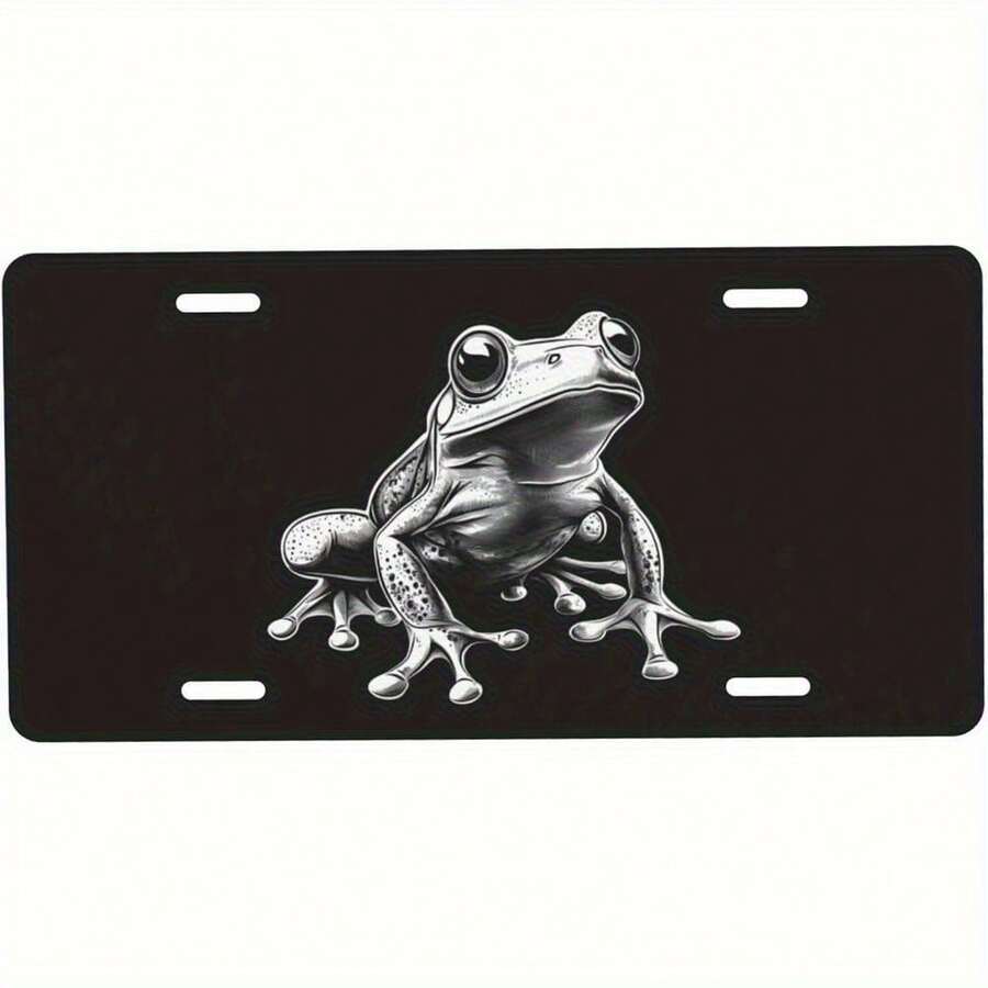 2D Flat, One Piece, Car Accessory, Decorative Only, Frog Design Aluminum License Plate |   6x12inch White Decorative Frame, Black Background, Durable And Stylish, Suitable For Men And Women - A - View 1