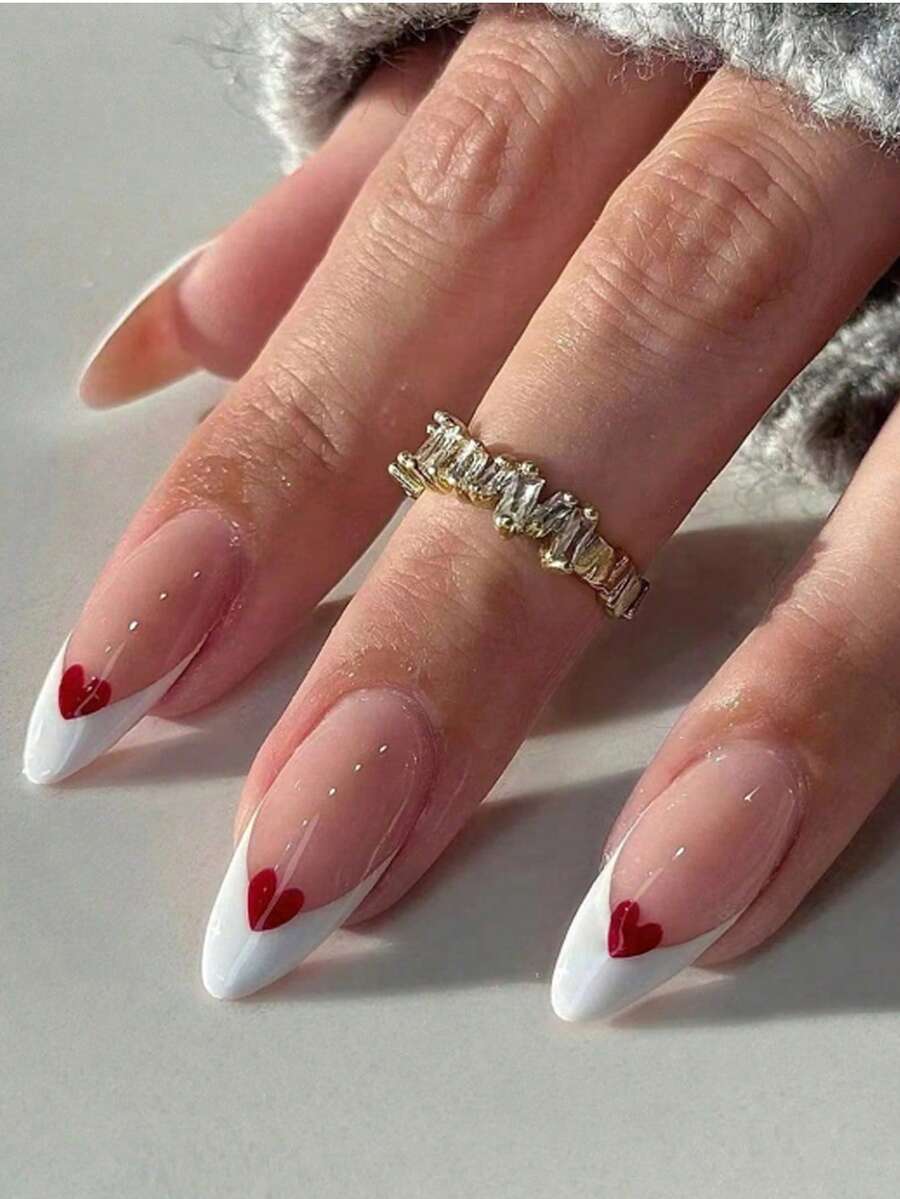 24pcs Long Almond Heart-Shaped Red French Tip Press-On Nails, Perfect Fit Acrylic False Nail Set, Includes 1pc Jelly Glue And 1pc Nail File - Multicolor - View 1