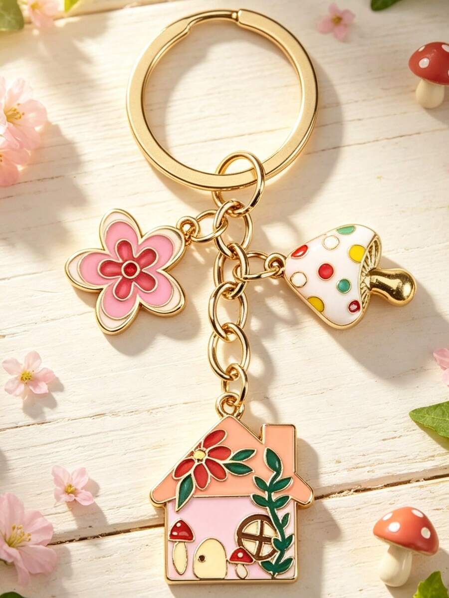 1pc Colorful Pastoral House Mushroom Flower Keychain & Key Ring, Mori ...