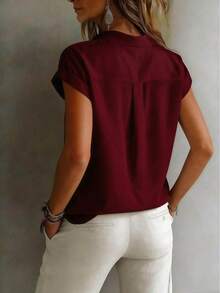 Women's Fashionable Short Sleeve Collared Shirt, Versatile Loose Casual Commute Vest Top, Solid Color Button Front, Daily Wear Summer - Burgundy - View 2