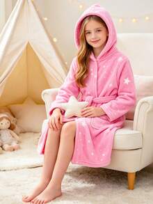 Tween Girl Star Print Hooded Belted Flannel Robe - Pink - View 5