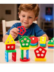 5pcs/Set Wooden Geometric Shape Blocks, Color-Coded Number Blocks, Montessori Early Education Toys For Children 3 Years Old And Above - Multicolor - View 7