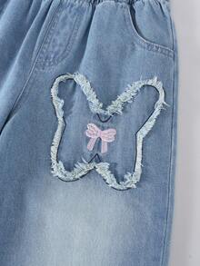 Girls' Denim Jeans With Distressed Butterfly Embroidery, Elastic Waist, Straight Leg, Streetwear Sweet & Cool Fashion Casual Versatile - Medium Wash - View 6