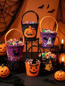 Kids Halloween Trick Or Treat Felt Bucket, Mini Pumpkin Ghost Bat Candy Hand Bag, Child Halloween Party Candy Storage Basket - Multicolor - View 1