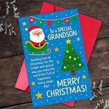 1 Greeting Card + 1 Envelope Cheerful Christmas Greeting Card, Santa In Sleigh With Tree "To A Special Grandson", For Grandson, Winter Holiday Festive Cartoon Style. - Single Piece - View 3