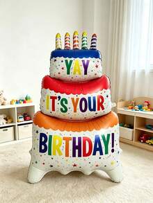 1個大號彩色啞光立式3層生日蛋糕造型鋁箔氣球，Happy Birthday派對裝飾氣球，彩色粉色生日蛋糕派對氣球 - 彩色 - 查看 6