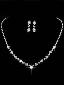 3pcs Simple Waterdrop-Shaped Rhinestone Necklace And Earrings Set Suitable For Women's Wedding, Birthday, Commemoration, Party - Silver - View 3