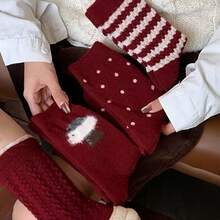 4 Pairs Mixed Random Colors Autumn/Winter Floor Socks, Warm Mid-Calf Cable Knit Vintage Red Christmas Socks - Multicolor - View 2