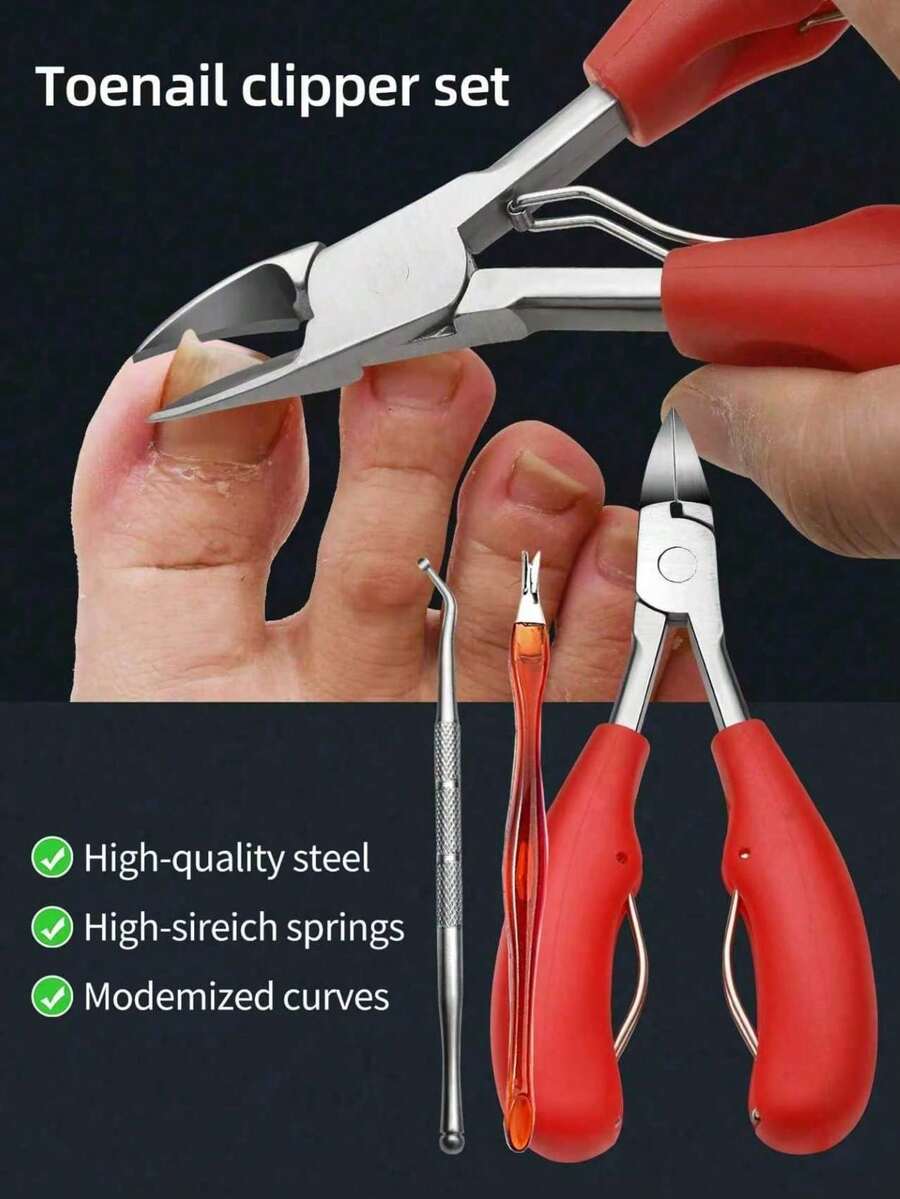 2/1pc Toenail Clipper, Thick Nail Cutter Or Ingrown Toenail Tool, Stainless Steel Pointed Toenail Clipper, For Adults, Rubber Handle - Red - View 1