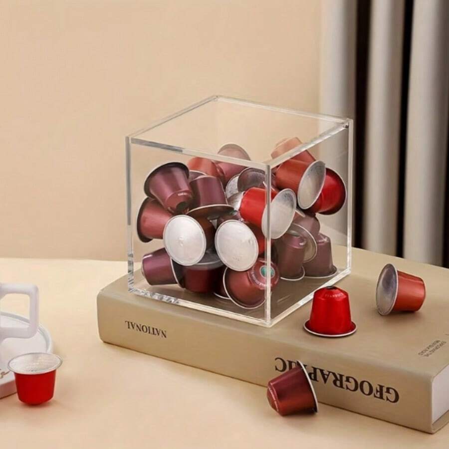 1pc Transparent Acrylic Flip Lid Coffee Capsule Storage Box, Dust-Proof & Moisture-Proof Visible Design, Suitable For Office Desk, Kitchen Countertop, Can Store Tea Bags & Small Snacks, Tidy Home Space Easy Access Desktop Storage Display Box - Multicolor - View 1