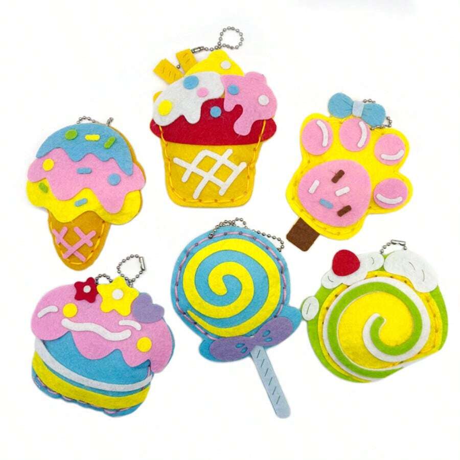 Best-Selling 6 Sets Dessert Shaped Handmade DIY Sewing Hanging Decor, Creative Handmade Keychain, Fabric Backpack Charm Material Kit, Dessert Shaped Sewing Handmade DIY Hanging Decor, Felt Material Non-Woven Fabric, Multiple Styles Available, Needle And Thread And Hanging Chain Color Randomly Sent