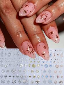 4pcs 3D Metal Moon Star Sun Nail Stickers, Bohemian Starry Sky Totem Nail Art, Gold Silver Blue Brown Hollow Starry Sky Nail Decoration, Self-Adhesive Waterproof Nail Stickers, Women's DIY Nail Salon Accessories - Multicolor - View 2
