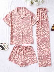 3pcs/Set Women Leopard Print Pocket Short Sleeve Top And Shorts/Pants Pajama Set, Suitable For Spring, Summer And Autumn - Pink - View 5