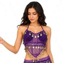 Women Halter Sequin Mesh Belly Dance Crop Top, Gold Coin Fringe Dangling Beads Performance Costume Top For Rave Festival Club Halloween, Multiple Colors Available - Multicolor - View 3