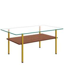 Moderner Couchtisch Mit Glasplatte Und MDF Ablage, Wohnzimmertisch Mit Goldfarbenem Metallgestell, Rechteckiger Sofatisch Im Luxus Design, Holzoptik-H45/B98/T58 Cm - Brown - View 9