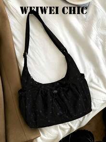 Minimalist Star Pattern Underarm Bag, Ruched Fabric Side Waist Design, Adjustable Shoulder Strap, Large Capacity, Suitable For Weekend Outings, Daily Errands, Street Style - Black - View 1