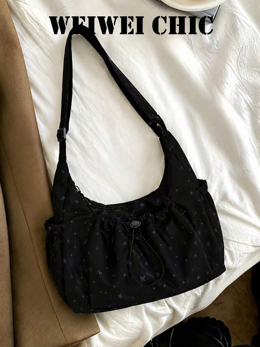 Minimalist Star Pattern Underarm Bag, Ruched Fabric Side Waist Design, Adjustable Shoulder Strap, Large Capacity, Suitable For Weekend Outings, Daily Errands, Street Style - Black - View 1