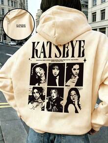 Girls' KATSEYE Girl Group Print Hooded Zip-Up Sweatshirt, Casual Long-Sleeve Jacket, Comfortable And Soft Fabric, Suitable For Autumn And Winter - Apricot - View 1