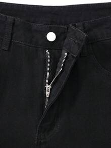 女士纯色百慕大牛仔短裤，休闲黑色夏季款 - 黑色 - 查看 5