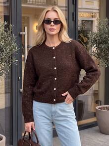Nicenter Women's Round Neck Casual Autumn/Winter Cardigan, Short Ribbed Hem Sequin Decor Wool Blend Sweater, Women's Autumn Outfit, Suitable For Daily Shopping, Dating, Christmas, Halloween - Chocolate Brown - View 3