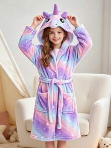 Tween Girl Ombre Unicorn Embroidered Pocket Front 3D Patched Hooded Belted Flannel Lounge Robe - Multicolor - View 1