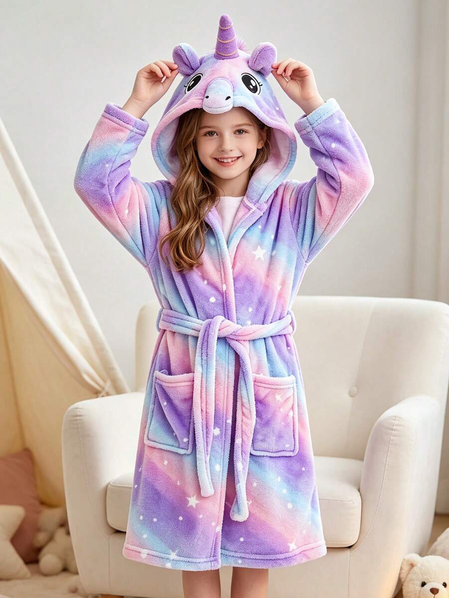 Tween Girl Ombre Unicorn Embroidered Pocket Front 3D Patched Hooded Belted Flannel Lounge Robe - Multicolor - View 1