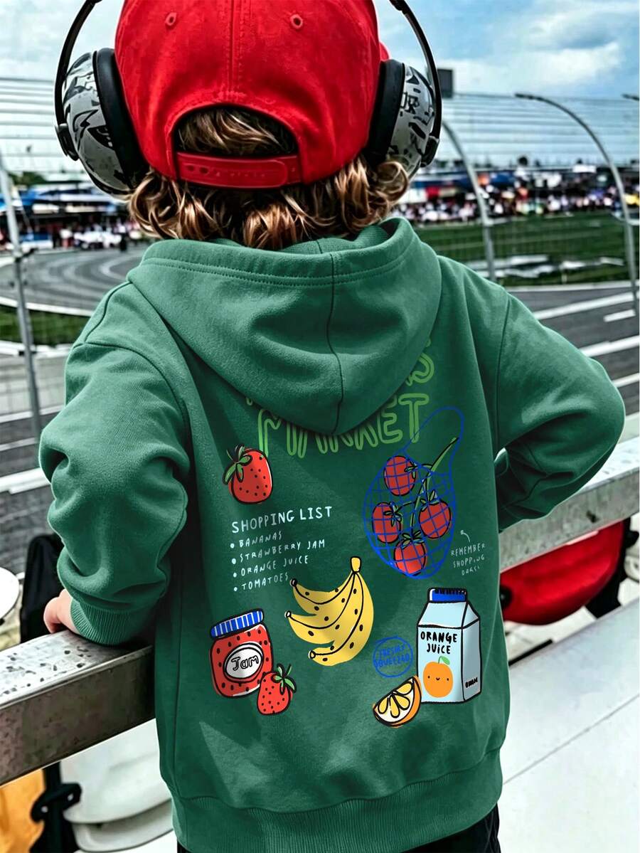 Boys' Hooded Long Sleeve Sweatshirt, Casual Graffiti Print, Loose And Comfortable, Suitable For Autumn/Winter Wear - Dark Green - View 1
