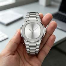 1pc Ultra-Thin Octagonal Full Silver Steel Band Wristwatch, Sunburst Dial Minimalist Unisex Business Quartz Watch - Black - View 7
