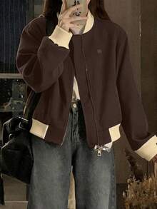 SAOYANGYU Women's Casual Daily Patchwork Contrast Color Ribbed Baseball Jacket, Small Badge Decor, Loose Fit Zip-Up Jacket, 270G Woven Fabric Spring - Coffee Brown - View 6