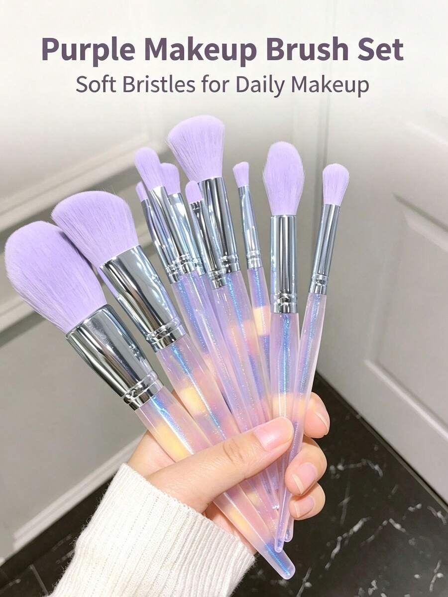 Purple Makeup Brush Set, Glitter Transparent Handle Makeup Brushes, Soft Synthetic Bristle Foundation Blush Eyeshadow Concealer Brush Set, Professional Full Face Eye Makeup Tools, Suitable For Women And Girls Daily Makeup - Multicolor - View 1