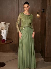 Elegant Women's Long Sleeve Ball Gown, Decorated With Exquisite Round Neckline, Gorgeous Pleated Flare Skirt, Suitable For Formal Evening Events - Green - View 10