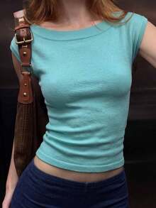 Spring/Summer Solid Color Semi-Transparent Women's Casual Fashion Daily Home Office Commute Versatile Large Scoop Neck Short Sleeve Slim Fit T-Shirt Knit Top Mint Blue Sweater - Mint Blue - View 6