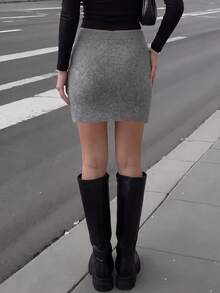 Nicenter Women's Fall Winter 1 Piece Dark Grey Wool Blend Bodycon Mini Skirt, Chic Quiet Luxury For Office, Commute, Vacation & Going Out - Grey - View 2