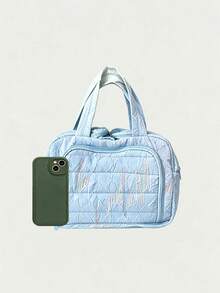 Embroidered Line Decor Large Capacity Multi-Compartment Water-Resistant Tote Bag With Zipper Closure, Casual Lazy Style Handbag, Suitable For Students, Office Workers, Travel, Daily Storage - Blue - View 3