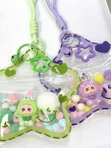 1 Bag Macaron Color Flocked Doll With Transparent PVC Printed Star Bag Charm Lanyard, Dopamine Star Keychain With Spring Clip, Bag Pendant, Birthday Gift, Party Favor - Multicolor - View 3