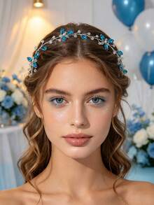 2pcs Vintage Lake Blue Rhinestone Headband, Fresh Elegant Bridal Wedding Accessory - Blue - View 2