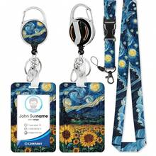 Personalized ID Set With Lanyard, Featuring A Retractable ID Holder, Retractable Clip, And Detachable Neck Lanyard, Vertical Design – Suitable For Women, Nurses, Doctors, Students, And Teachers (Sunflowers Under The Starry Sky) - Sunflowers Under the Starry Sky - View 1