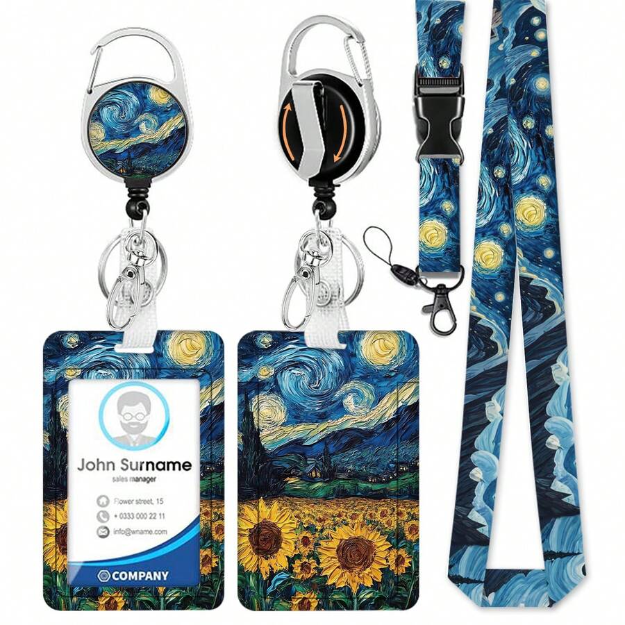 Personalized ID Set With Lanyard, Featuring A Retractable ID Holder, Retractable Clip, And Detachable Neck Lanyard, Vertical Design – Suitable For Women, Nurses, Doctors, Students, And Teachers (Sunflowers Under The Starry Sky) - Sunflowers Under the Starry Sky - View 1