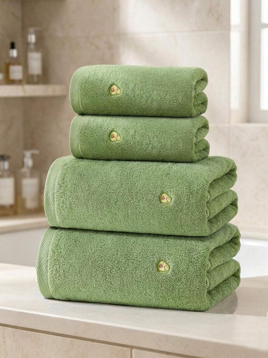 2/1pc Approx. 13*29in/28*55in Cute Avocado Embroidered Cotton Bath Towel, Thickened Ultra Soft High Absorbency Quick Dry, Suitable For Home Bathroom, Spa, Swimming Pool And Back To School Season - Green - View 1