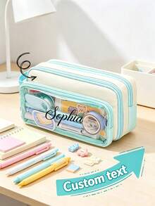 Personalized Name Pencil Case, Custom Text Large Capacity Triple Compartment Pen Pouch With Clear Front Pocket And Carry Handle, Portable Stationery Organizer And Cosmetic Storage Bag For College, Office, Travel, Birthday And Back To School Gift - Multicolor - View 3